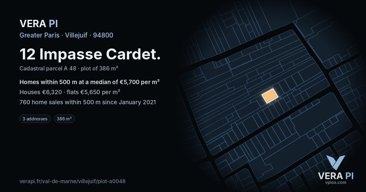 12 Impasse Cardet, Villejuif at night – the plot lit, the parcels around coloured by the prices near them