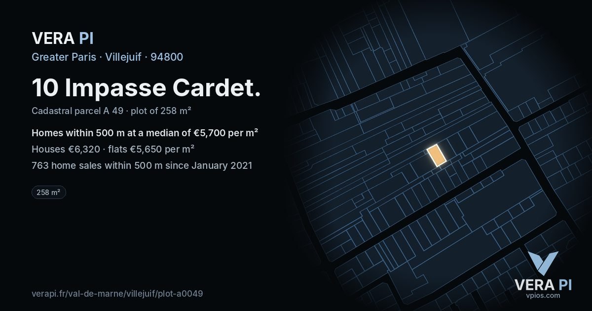 10 Impasse Cardet, Villejuif at night – the plot lit, the parcels around coloured by the prices near them