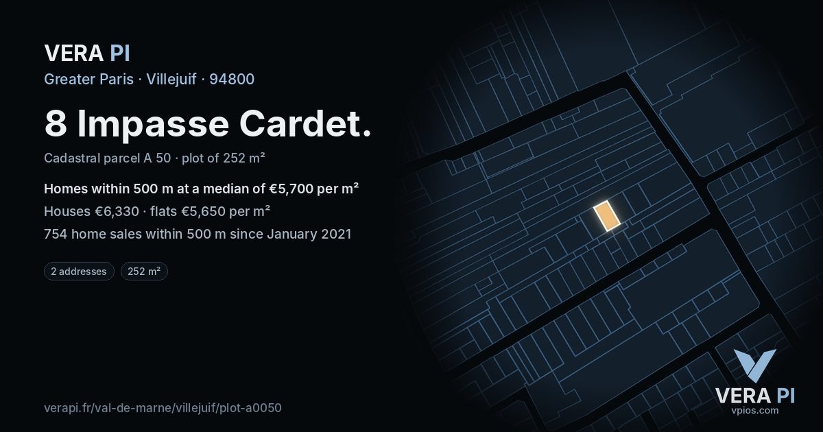 8 Impasse Cardet, Villejuif at night – the plot lit, the parcels around coloured by the prices near them