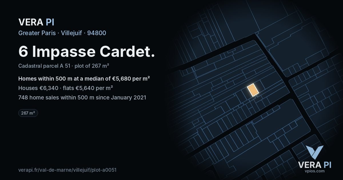6 Impasse Cardet, Villejuif at night – the plot lit, the parcels around coloured by the prices near them