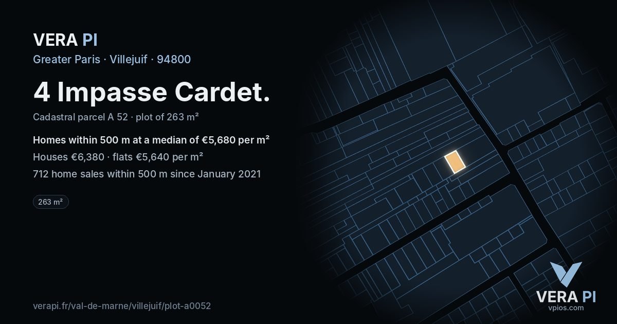 4 Impasse Cardet, Villejuif at night – the plot lit, the parcels around coloured by the prices near them