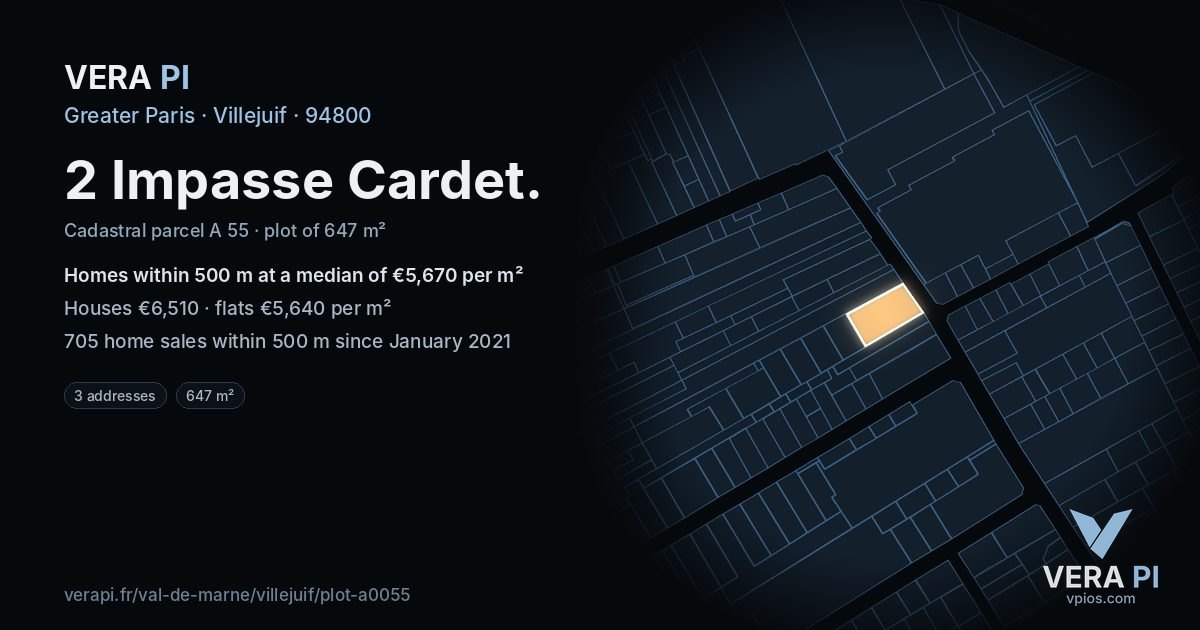 2 Impasse Cardet, Villejuif at night – the plot lit, the parcels around coloured by the prices near them