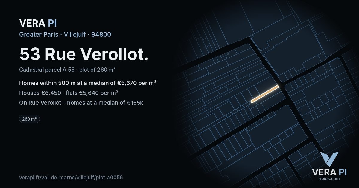 53 Rue Verollot, Villejuif at night – the plot lit, the parcels around coloured by the prices near them