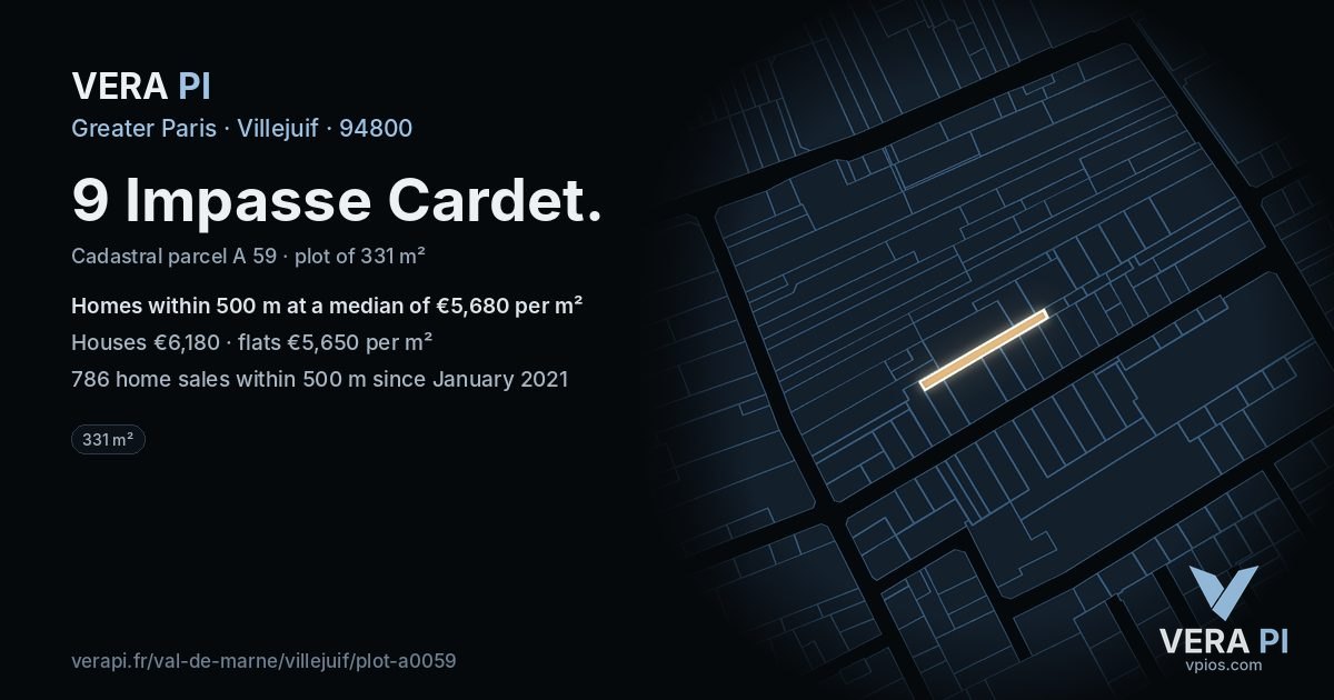 9 Impasse Cardet, Villejuif at night – the plot lit, the parcels around coloured by the prices near them