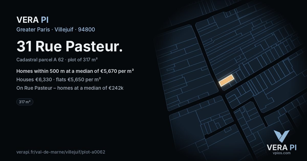 31 Rue Pasteur, Villejuif at night – the plot lit, the parcels around coloured by the prices near them