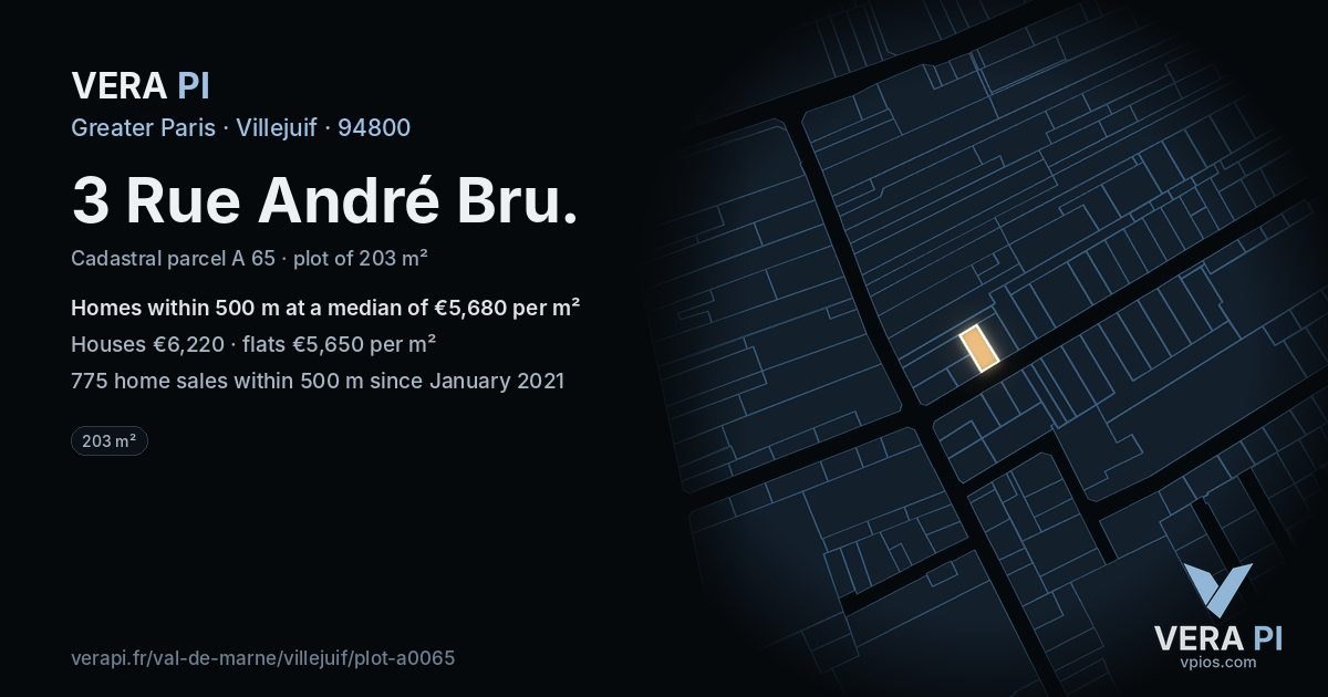 3 Rue André Bru, Villejuif at night – the plot lit, the parcels around coloured by the prices near them