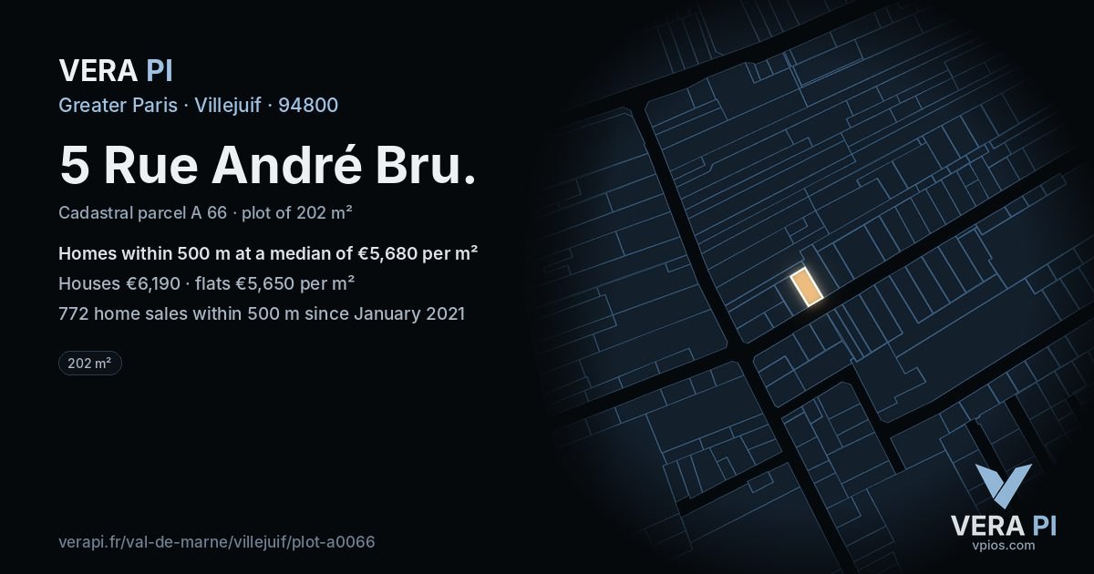 5 Rue André Bru, Villejuif at night – the plot lit, the parcels around coloured by the prices near them