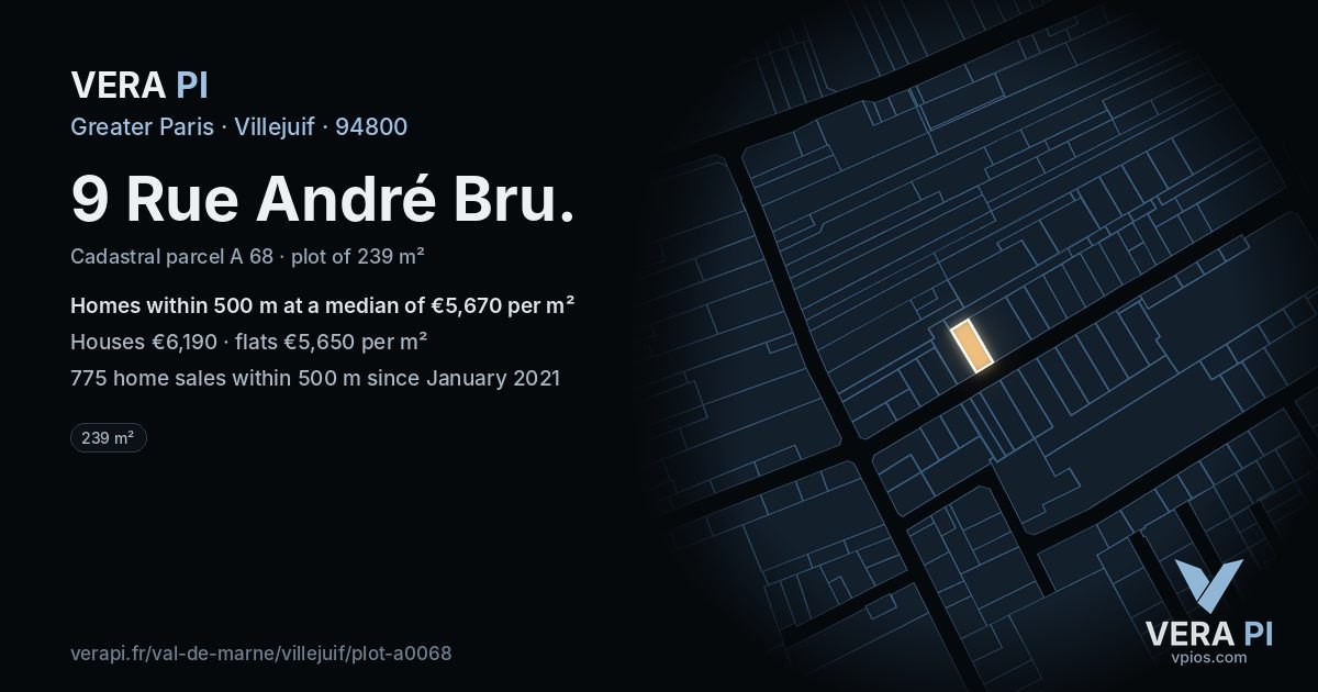 9 Rue André Bru, Villejuif at night – the plot lit, the parcels around coloured by the prices near them