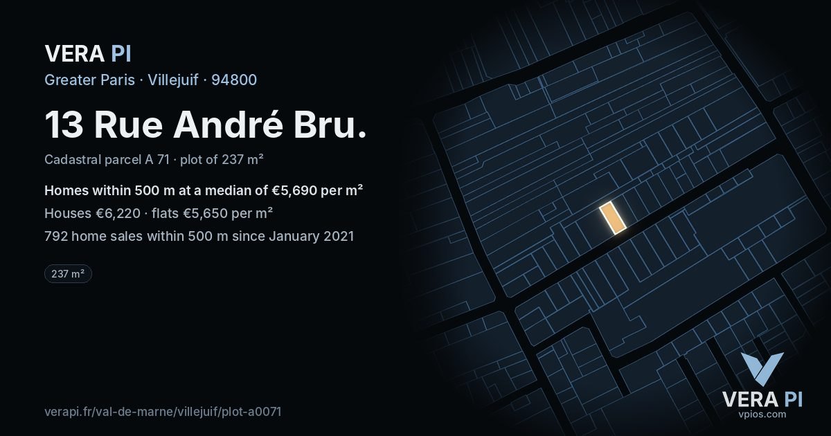 13 Rue André Bru, Villejuif at night – the plot lit, the parcels around coloured by the prices near them