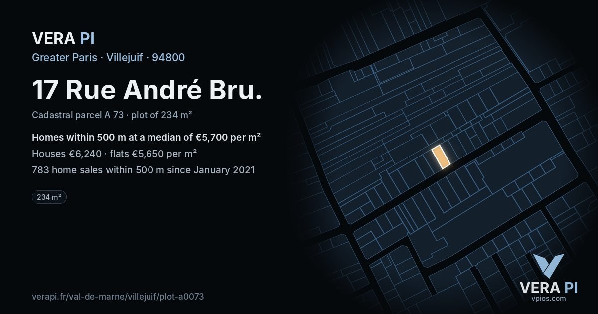 17 Rue André Bru, Villejuif at night – the plot lit, the parcels around coloured by the prices near them