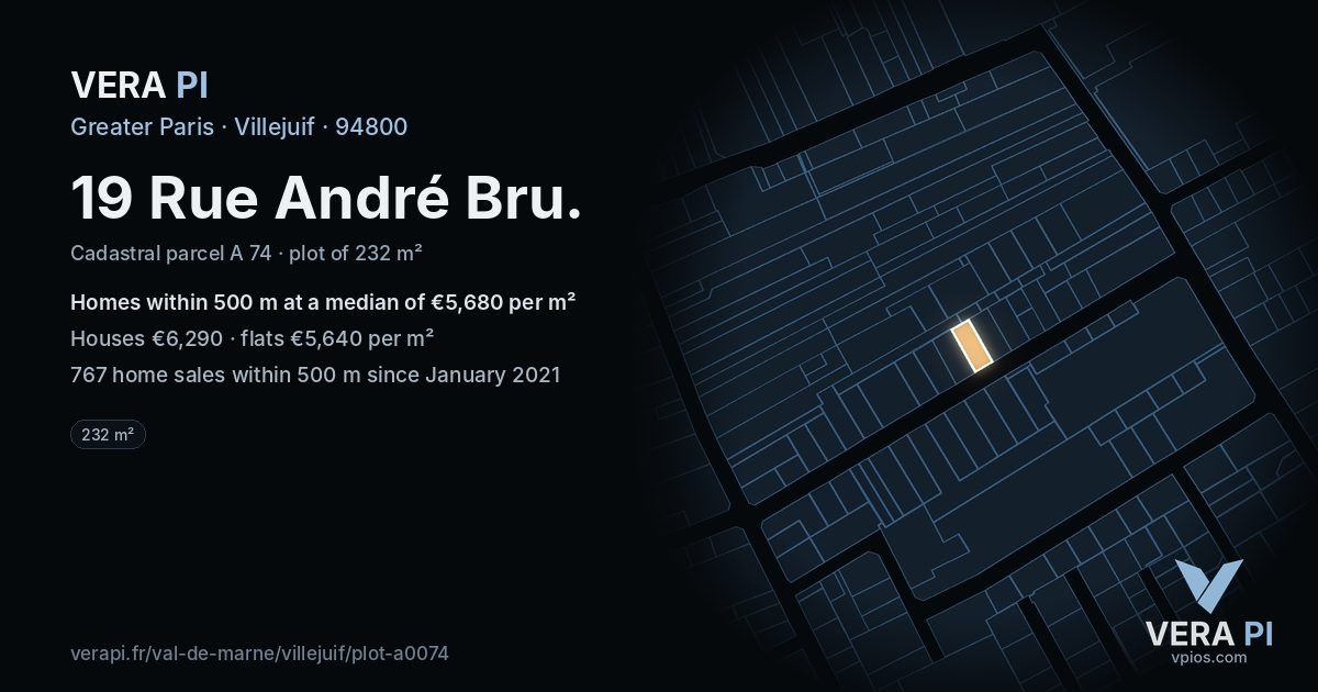 19 Rue André Bru, Villejuif at night – the plot lit, the parcels around coloured by the prices near them