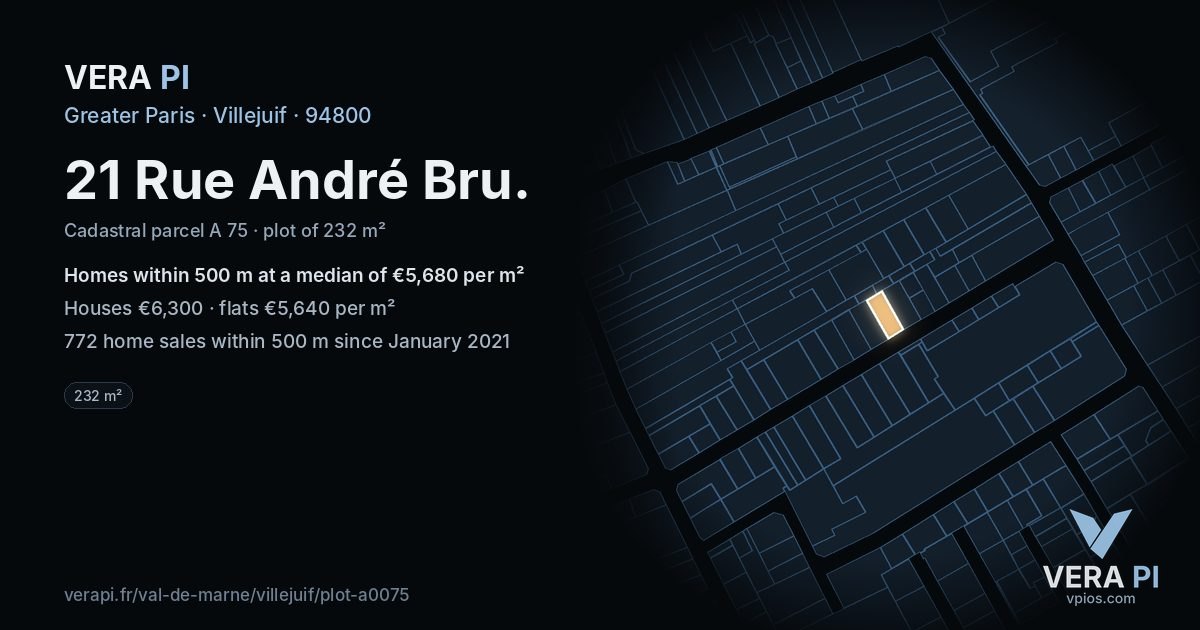 21 Rue André Bru, Villejuif at night – the plot lit, the parcels around coloured by the prices near them