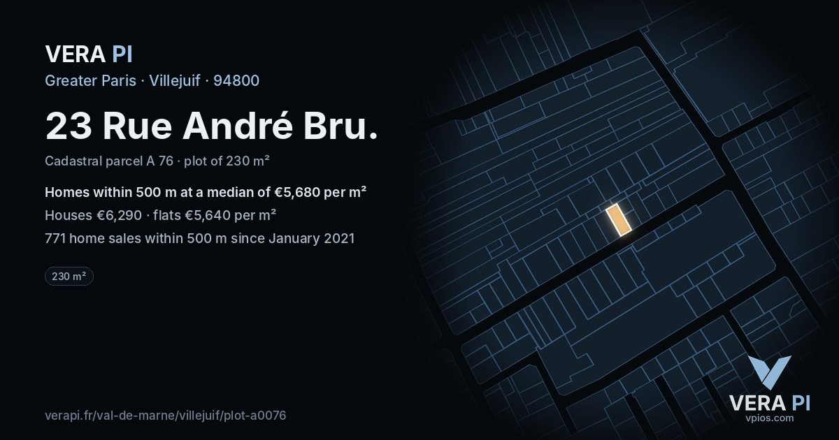 23 Rue André Bru, Villejuif at night – the plot lit, the parcels around coloured by the prices near them