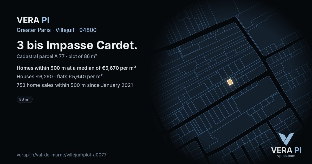 3 bis Impasse Cardet, Villejuif at night – the plot lit, the parcels around coloured by the prices near them