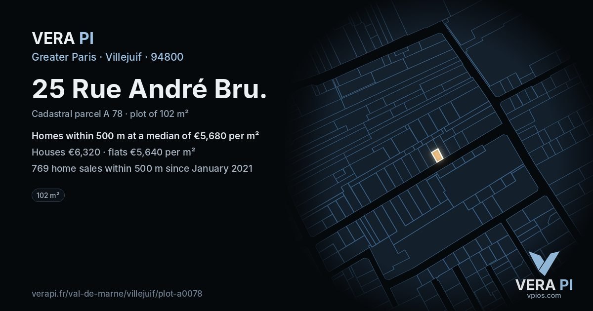 25 Rue André Bru, Villejuif at night – the plot lit, the parcels around coloured by the prices near them