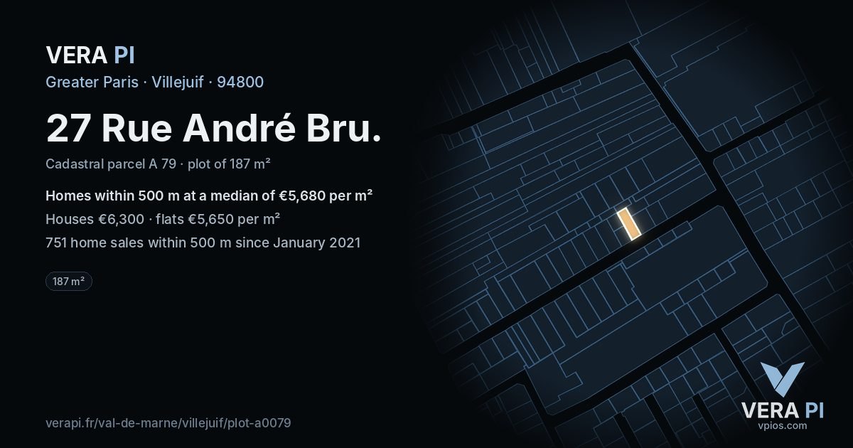 27 Rue André Bru, Villejuif at night – the plot lit, the parcels around coloured by the prices near them