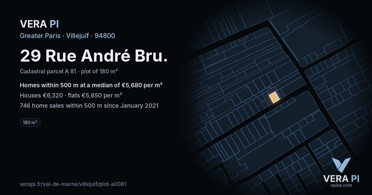 29 Rue André Bru, Villejuif at night – the plot lit, the parcels around coloured by the prices near them