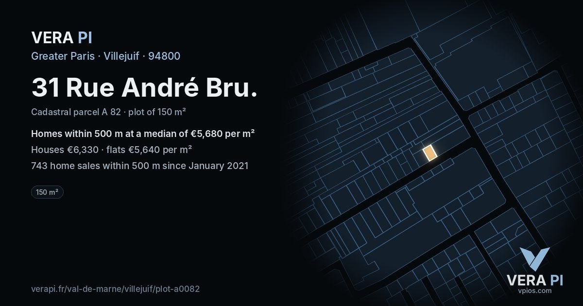 31 Rue André Bru, Villejuif at night – the plot lit, the parcels around coloured by the prices near them