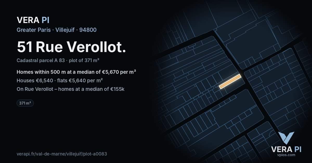 51 Rue Verollot, Villejuif at night – the plot lit, the parcels around coloured by the prices near them