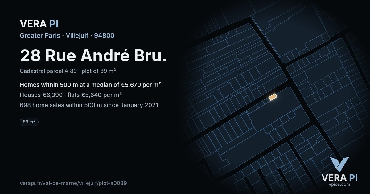 28 Rue André Bru, Villejuif at night – the plot lit, the parcels around coloured by the prices near them