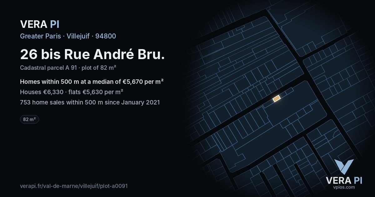 26 bis Rue André Bru, Villejuif at night – the plot lit, the parcels around coloured by the prices near them