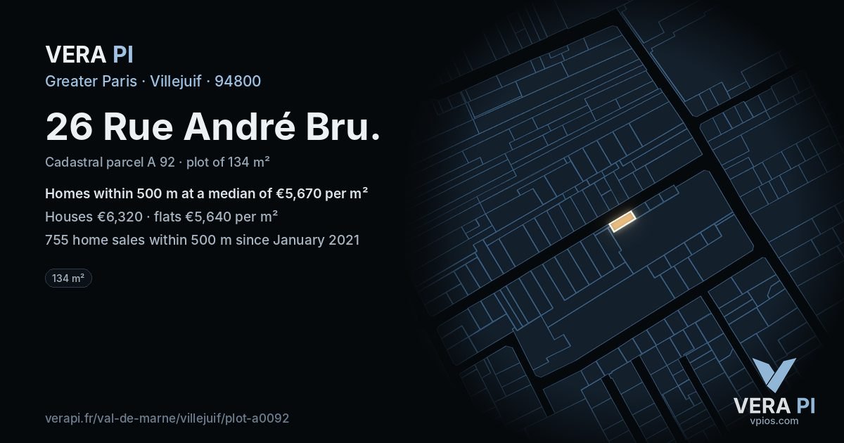 26 Rue André Bru, Villejuif at night – the plot lit, the parcels around coloured by the prices near them