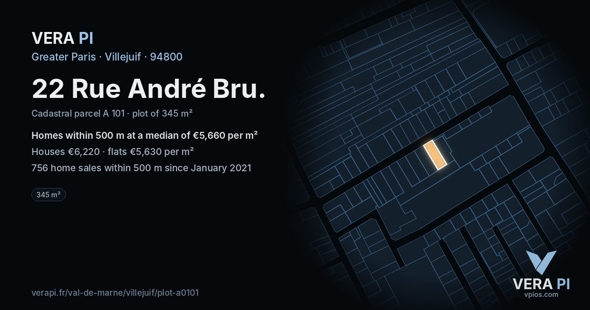22 Rue André Bru, Villejuif at night – the plot lit, the parcels around coloured by the prices near them