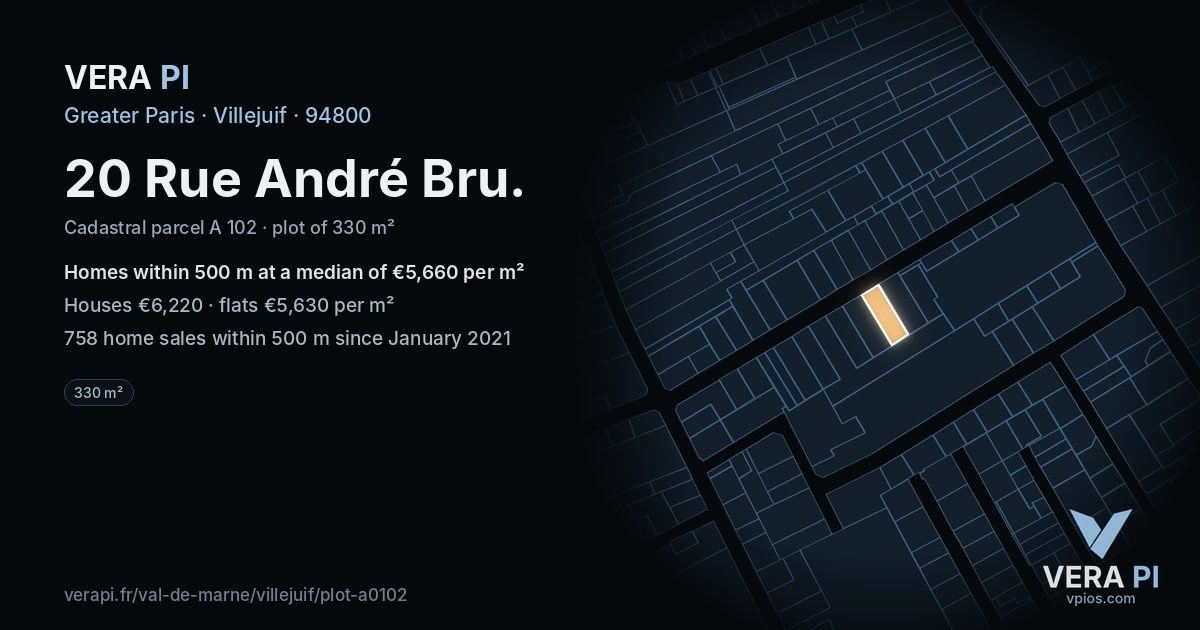 20 Rue André Bru, Villejuif at night – the plot lit, the parcels around coloured by the prices near them