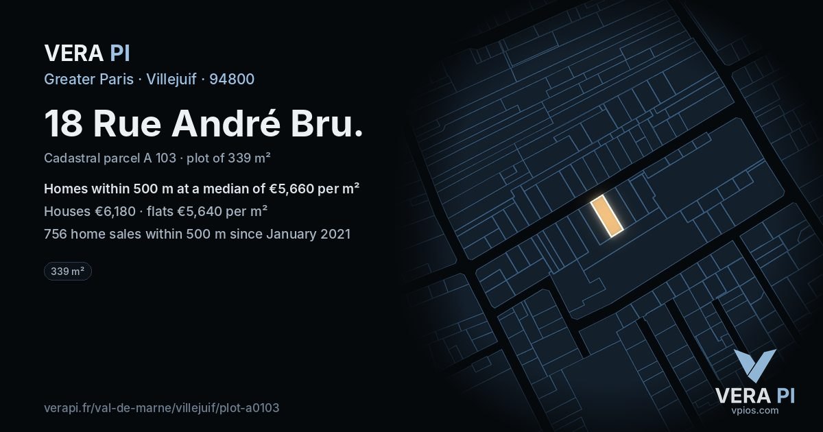18 Rue André Bru, Villejuif at night – the plot lit, the parcels around coloured by the prices near them