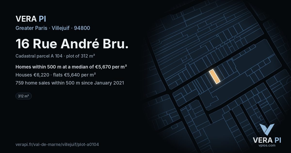 16 Rue André Bru, Villejuif at night – the plot lit, the parcels around coloured by the prices near them