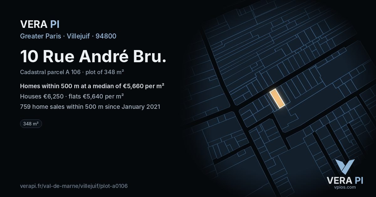 10 Rue André Bru, Villejuif at night – the plot lit, the parcels around coloured by the prices near them