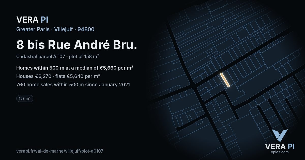 8 bis Rue André Bru, Villejuif at night – the plot lit, the parcels around coloured by the prices near them