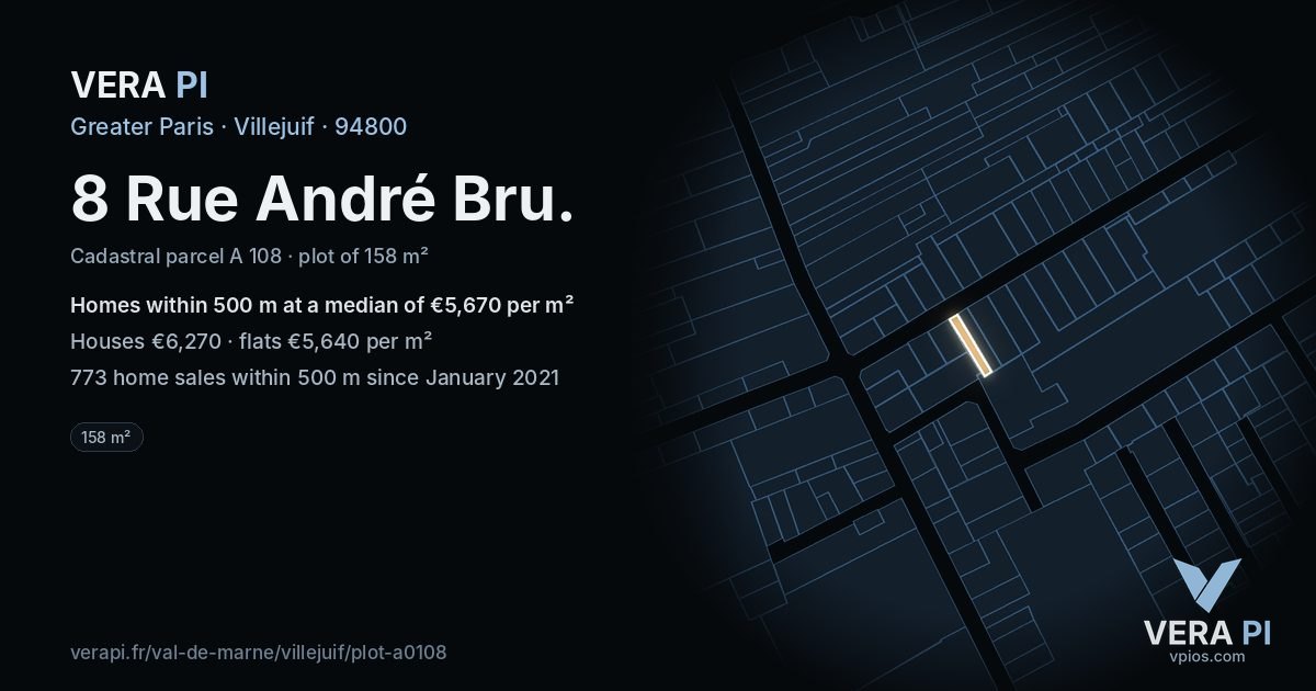 8 Rue André Bru, Villejuif at night – the plot lit, the parcels around coloured by the prices near them