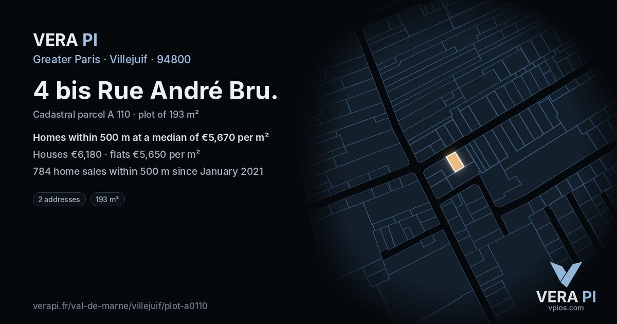 4 bis Rue André Bru, Villejuif at night – the plot lit, the parcels around coloured by the prices near them