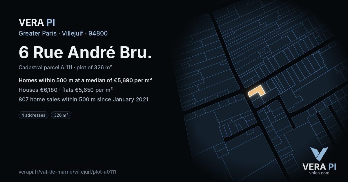 6 Rue André Bru, Villejuif at night – the plot lit, the parcels around coloured by the prices near them