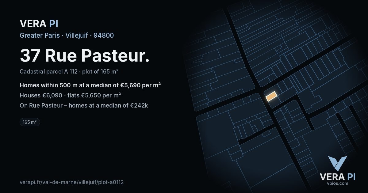 37 Rue Pasteur, Villejuif at night – the plot lit, the parcels around coloured by the prices near them