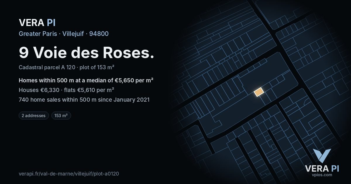 9 Voie des Roses, Villejuif at night – the plot lit, the parcels around coloured by the prices near them