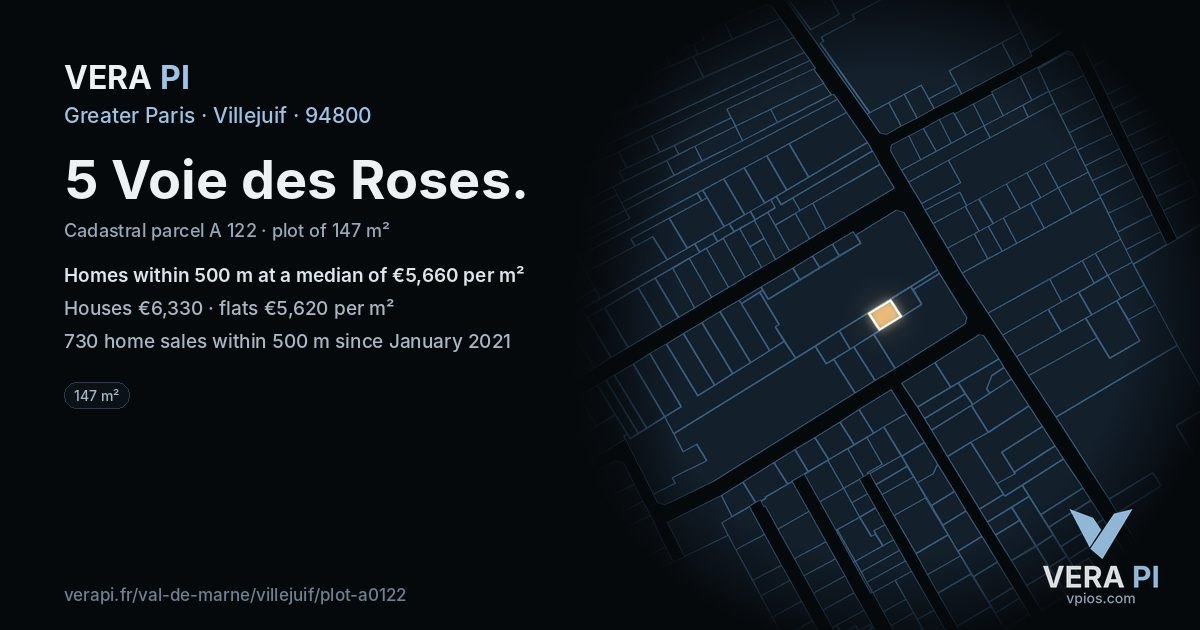 5 Voie des Roses, Villejuif at night – the plot lit, the parcels around coloured by the prices near them