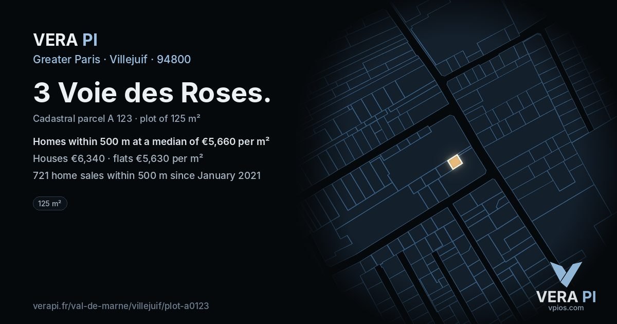 3 Voie des Roses, Villejuif at night – the plot lit, the parcels around coloured by the prices near them