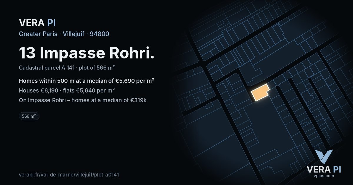 13 Impasse Rohri, Villejuif at night – the plot lit, the parcels around coloured by the prices near them