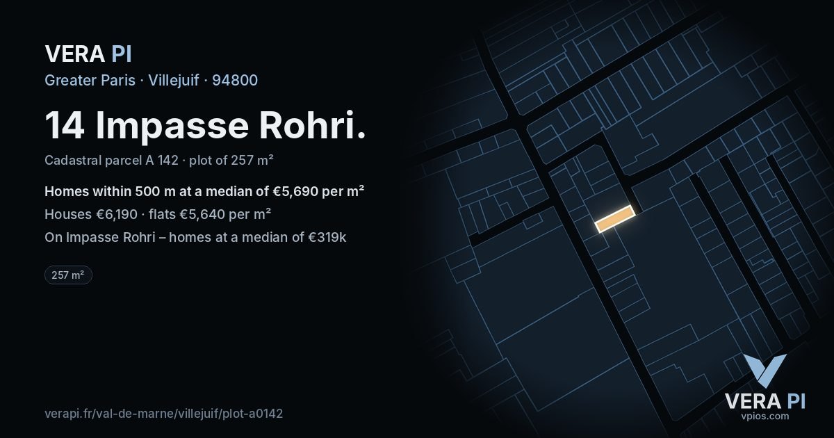 14 Impasse Rohri, Villejuif at night – the plot lit, the parcels around coloured by the prices near them