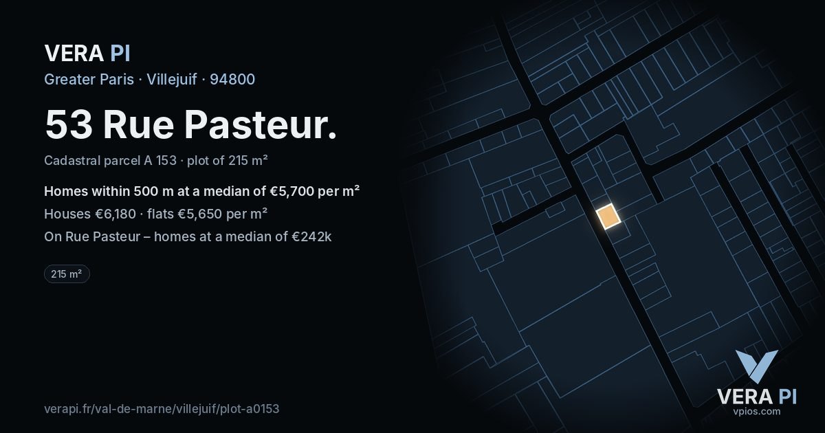 53 Rue Pasteur, Villejuif at night – the plot lit, the parcels around coloured by the prices near them