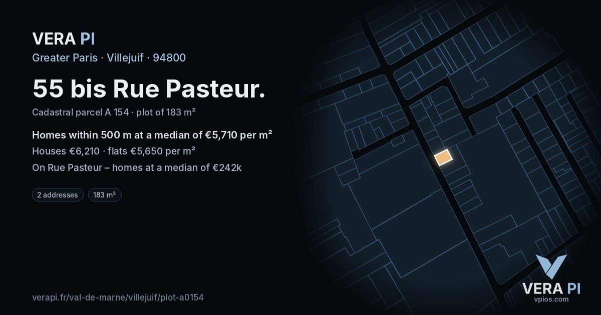 55 bis Rue Pasteur, Villejuif at night – the plot lit, the parcels around coloured by the prices near them