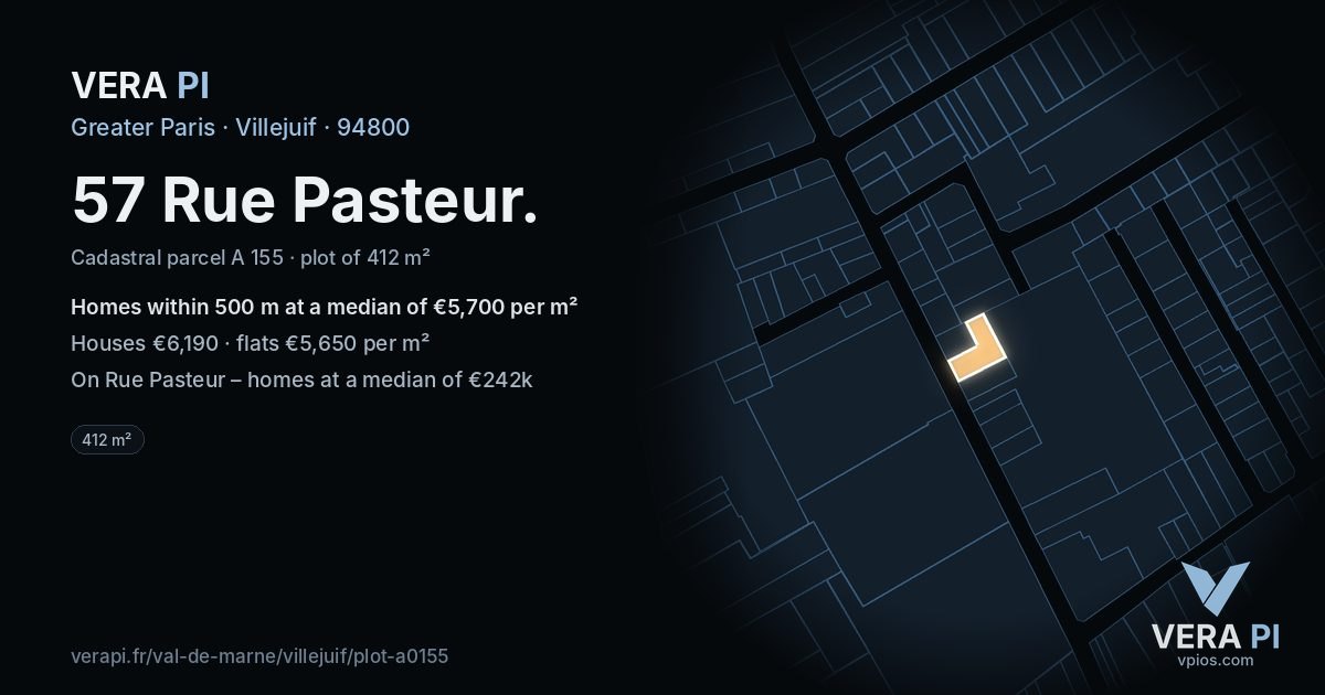57 Rue Pasteur, Villejuif at night – the plot lit, the parcels around coloured by the prices near them