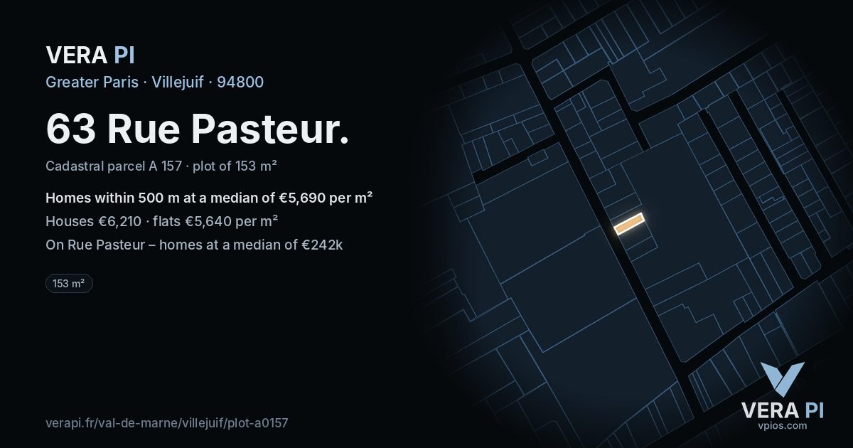 63 Rue Pasteur, Villejuif at night – the plot lit, the parcels around coloured by the prices near them