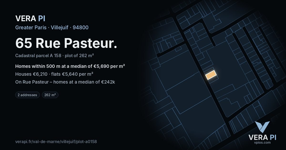 65 Rue Pasteur, Villejuif at night – the plot lit, the parcels around coloured by the prices near them