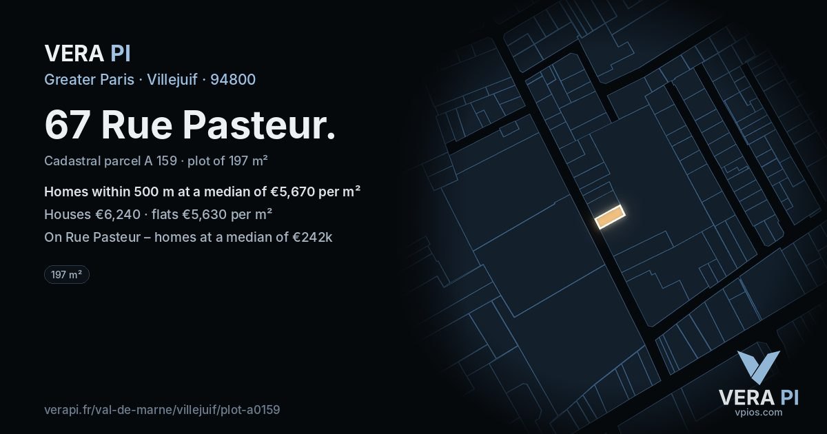 67 Rue Pasteur, Villejuif at night – the plot lit, the parcels around coloured by the prices near them
