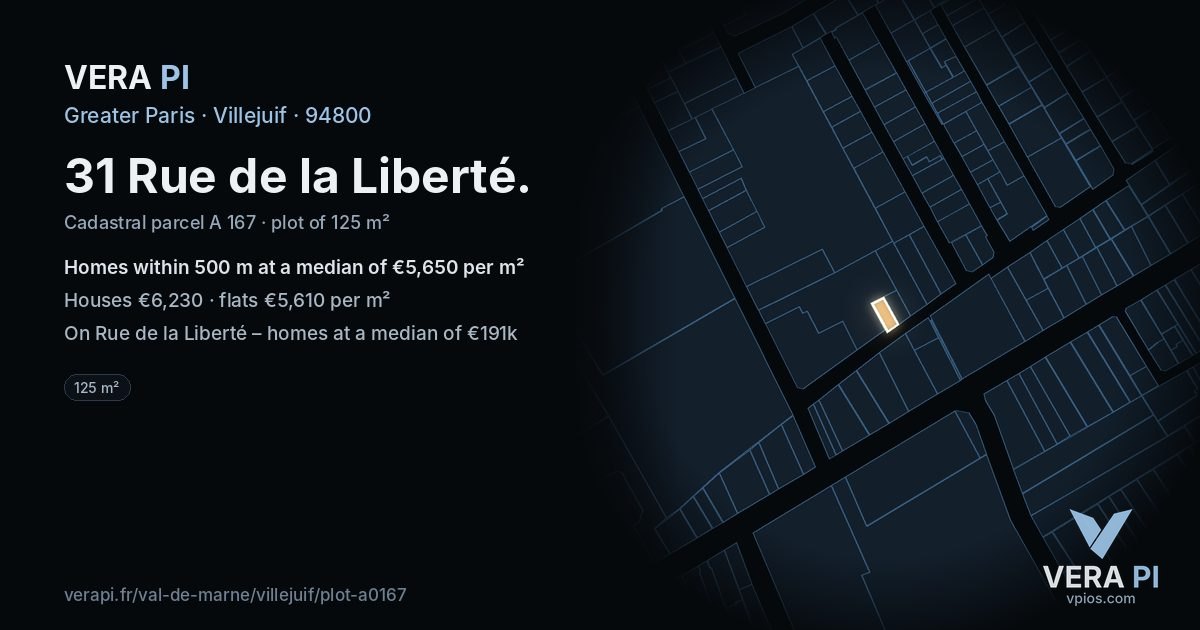 31 Rue de la Liberté, Villejuif at night – the plot lit, the parcels around coloured by the prices near them