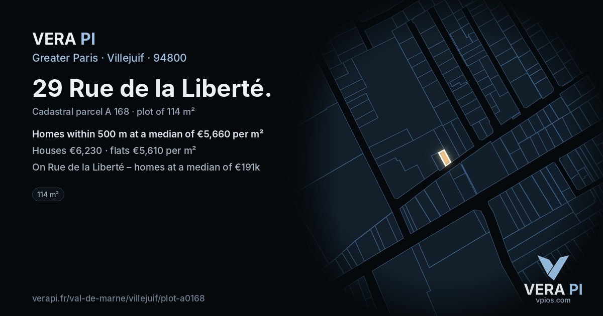 29 Rue de la Liberté, Villejuif at night – the plot lit, the parcels around coloured by the prices near them