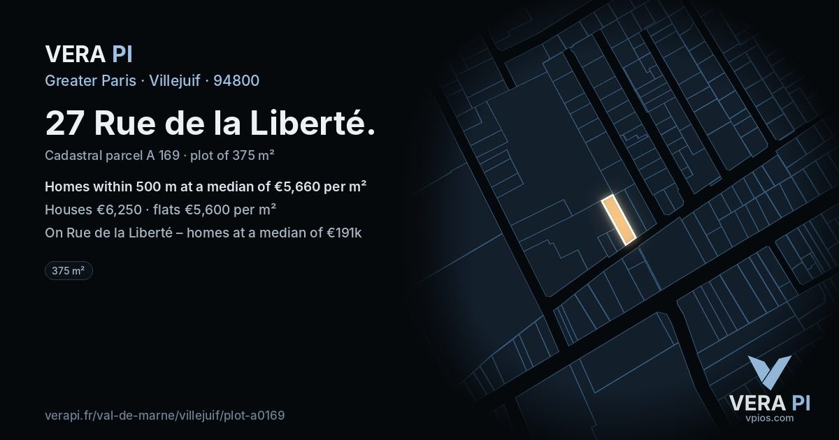 27 Rue de la Liberté, Villejuif at night – the plot lit, the parcels around coloured by the prices near them